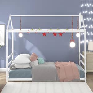 White Twin Size Metal House Beds with Roof and Chimney, Toddlers Kids Floor Platform Bed Frame with House Shape Roof