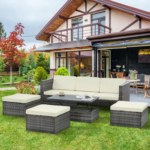 Unbranded Patio Furniture, Outdoor, PE Wicker Furniture, (Set of 5) Wicker Furniture with Lift Coffee Table and Beige Cushions