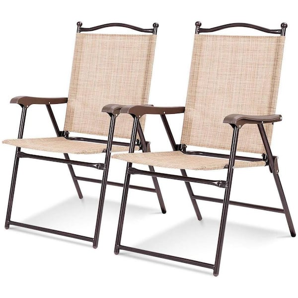 Unbranded Folding Metal Outdoor Dining Chair in Beige with Armrest (Set of 2)