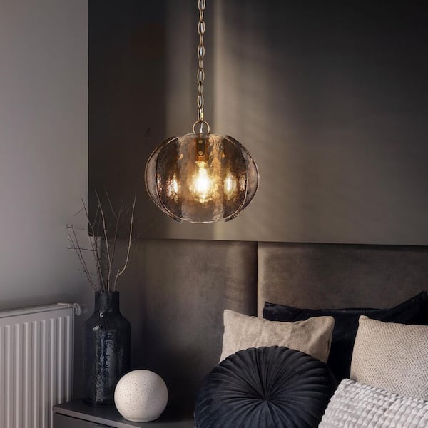 Glam 1-Light Satin Gold Handmade Glass Pendant Light, Modern Unique Smoky Gray Chandelier for Foyer Kitchen Living Room