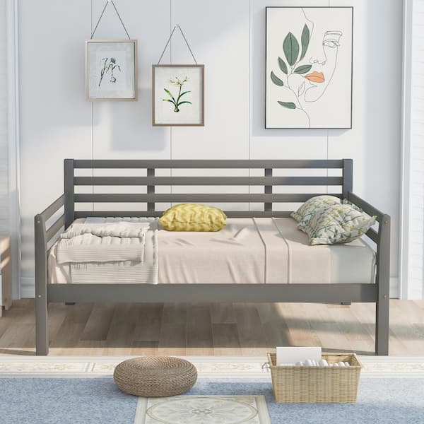 Gray Wooden Full Size Daybed with Full Guard Rail Daybed Sofa Bed with Slat and Bed Rail Weight Capability 250 lb.