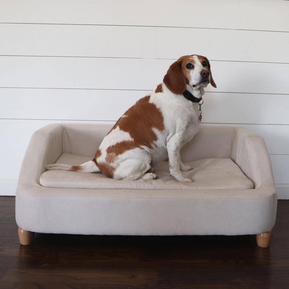 Cream Microfiber Elevated Rectangular Dog Sofa for Medium Dogs