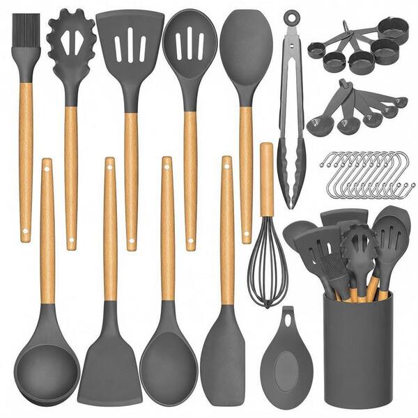 33-Pack Kitchen Cooking Utensils Set, Non-Stick Silicone Cooking Utensils Set with Holder, Wooden Handle, Gray