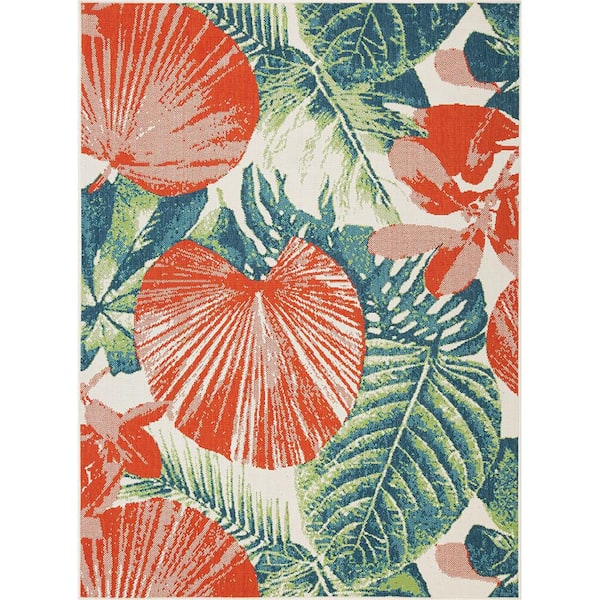 NATCO HOME Backyard Bungalow Ivory/Green 5 ft. 3 in. x 7 ft. Orange Palms Polypropylene Indoor/Outdoor Area Rug