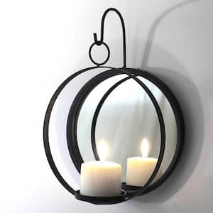 Modern Black Metal Round Candle Sconce with Mirror (9 in. x 14 in.)