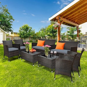 8PCS Patio Wicker Rattan Conversation Furniture Set Outdoor w/Brown & Grey Cushion