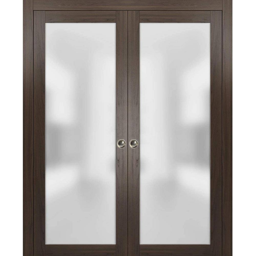 Modern Dark Brown Double Pocket Doors with Frosted Glass