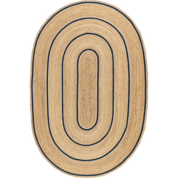 Ripplewood Oval Jute Navy Oval 9 ft. x 12 ft. Patio Rug