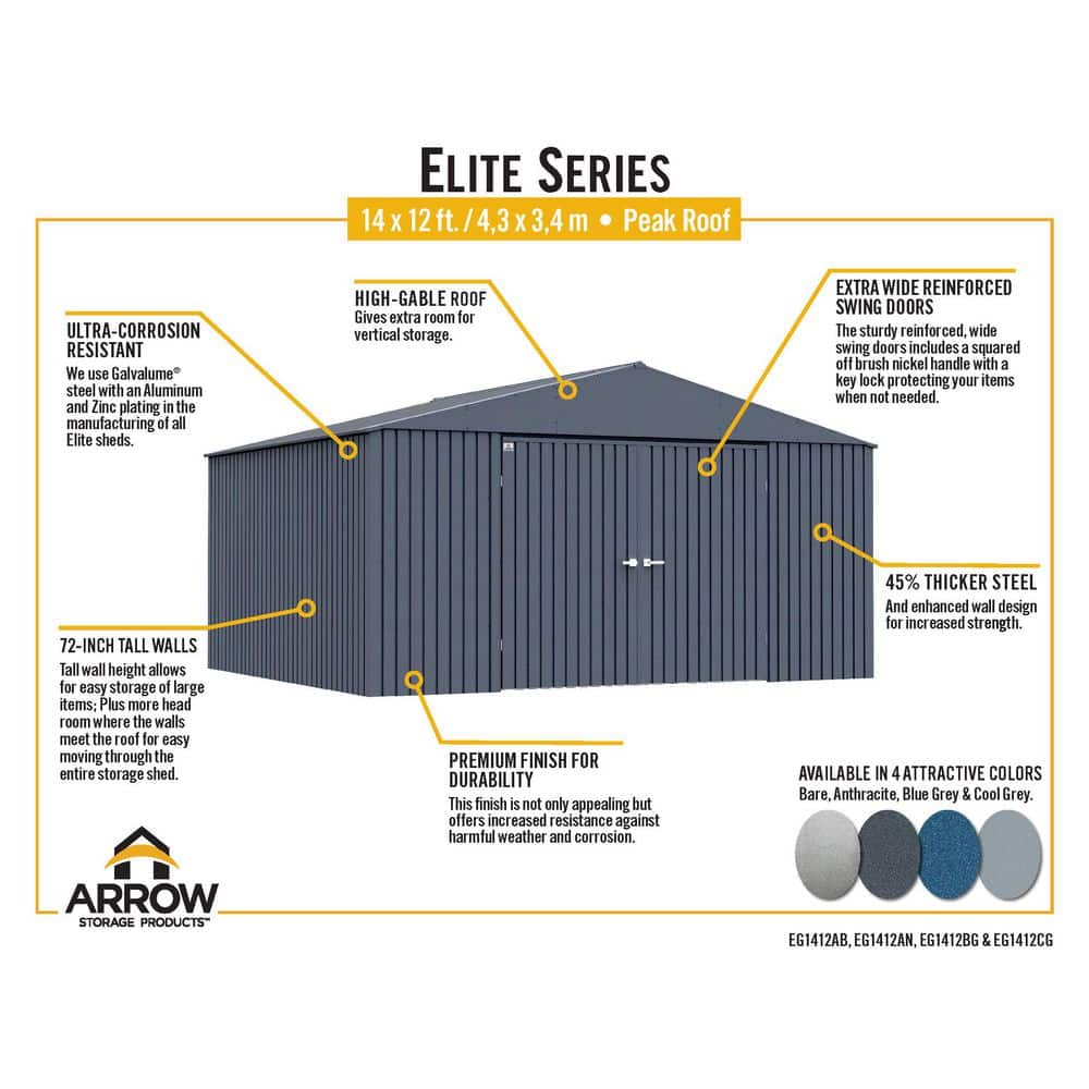 Elite Cool Grey 14' x 12' Steel Storage Shed with Swing Doors