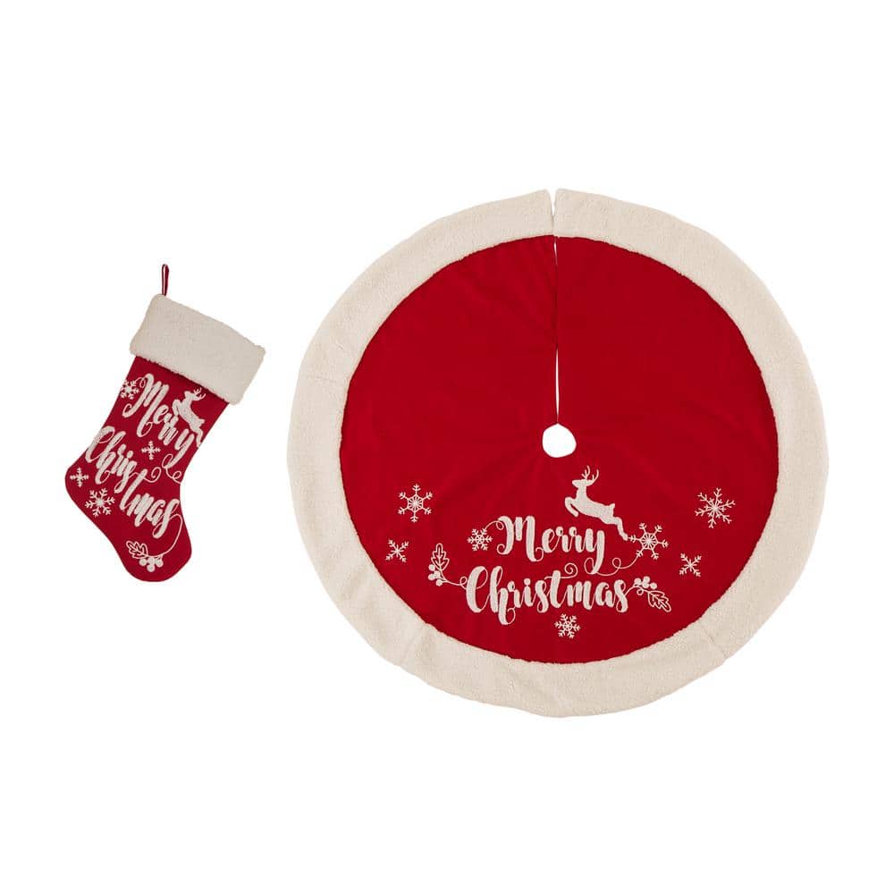 Glitzhome Set of 2 Fabric Christmas Decoration (48 in. Tree Skirt and