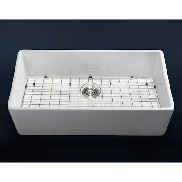 Fossil Blu Luxury 36 in. Fine Fireclay Modern Farmhouse Kitchen Sink in  White, Single Bowl, Includes Grid and Drain FSW1008