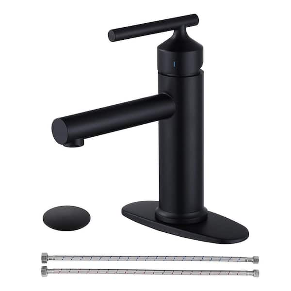 Single Handle Single Hole Stainless Steel Bathroom Faucet with Deckplate and Pop Up Drain in Matte Black