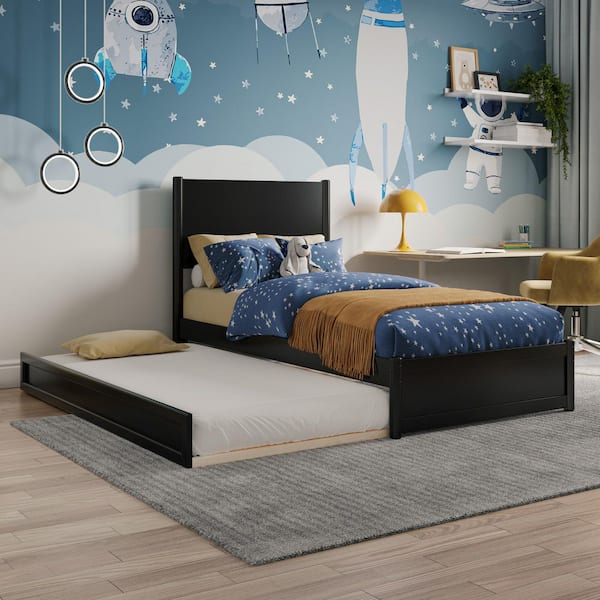 Ronan Black Wood Frame Twin Platform Bed with Footboard and Twin Trundle