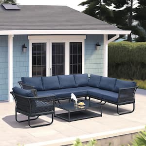 7-Seater Wicker Patio Furniture Set, All-Weather Outdoor Conversation Set Sectional Sofa with Coffee Table and Cushions