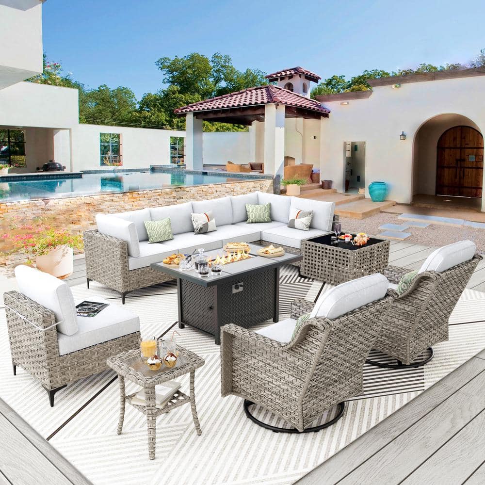 Apollo 11-Piece Wicker Rectangular Fire Pit Sets and Swivel Rocking Chairs with Light Gray Cushion price history on PriceWatchPro