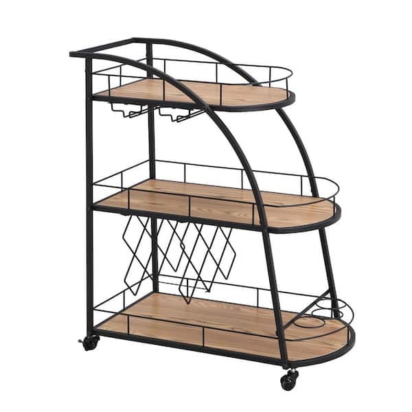 Tahanbath Industrial Mobile Wine Cart with Wheels 11-Bottle 8 Wine Glass Wrought Iron Wine Display Black