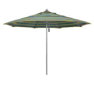 11 ft. Gray Woodgrain Aluminum Commercial Market Patio Umbrella Fiberglass Ribs Pulley Lift in Astoria Lagoon Sunbrella