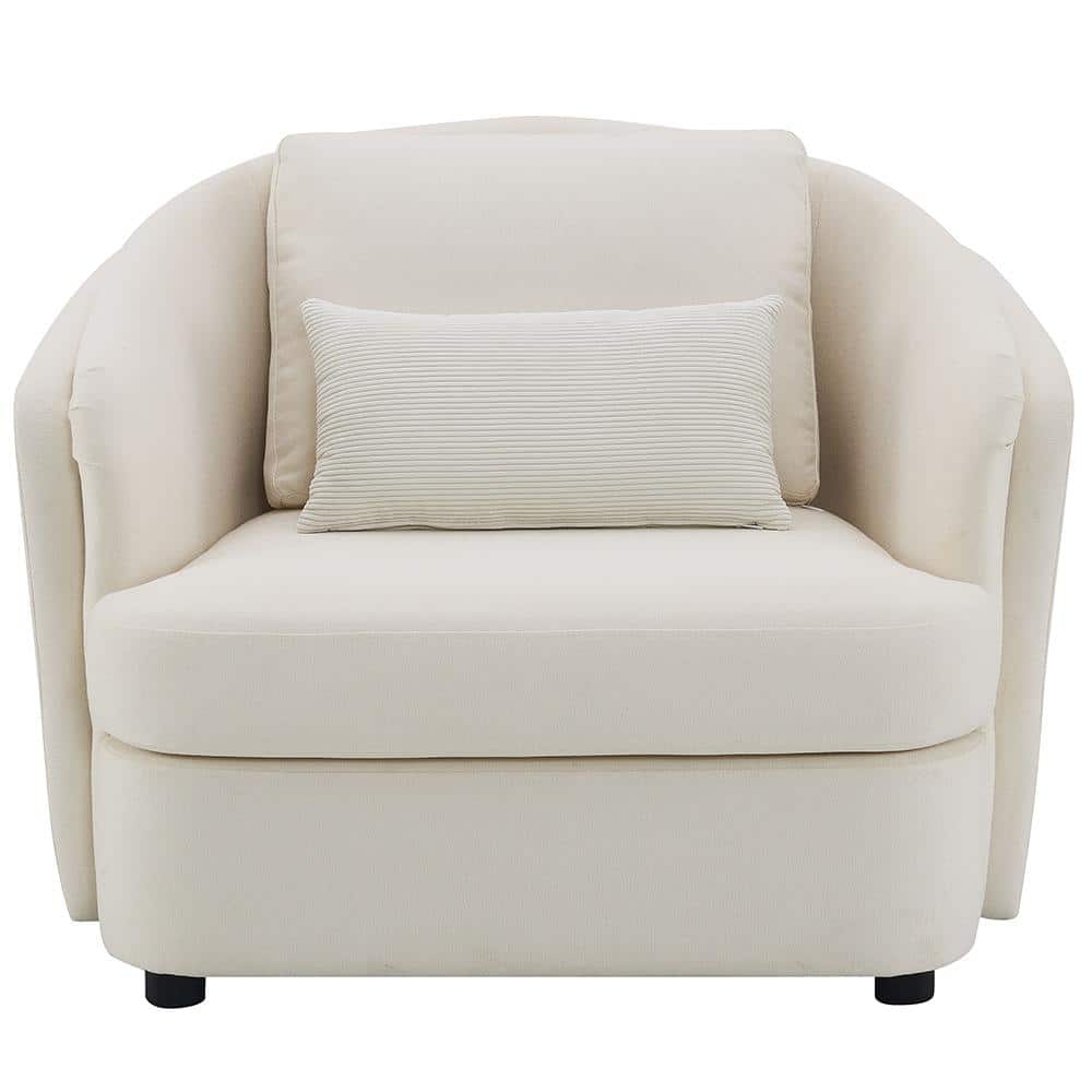 Beige Barrel Accent Chair with Wood Frame and Pillow