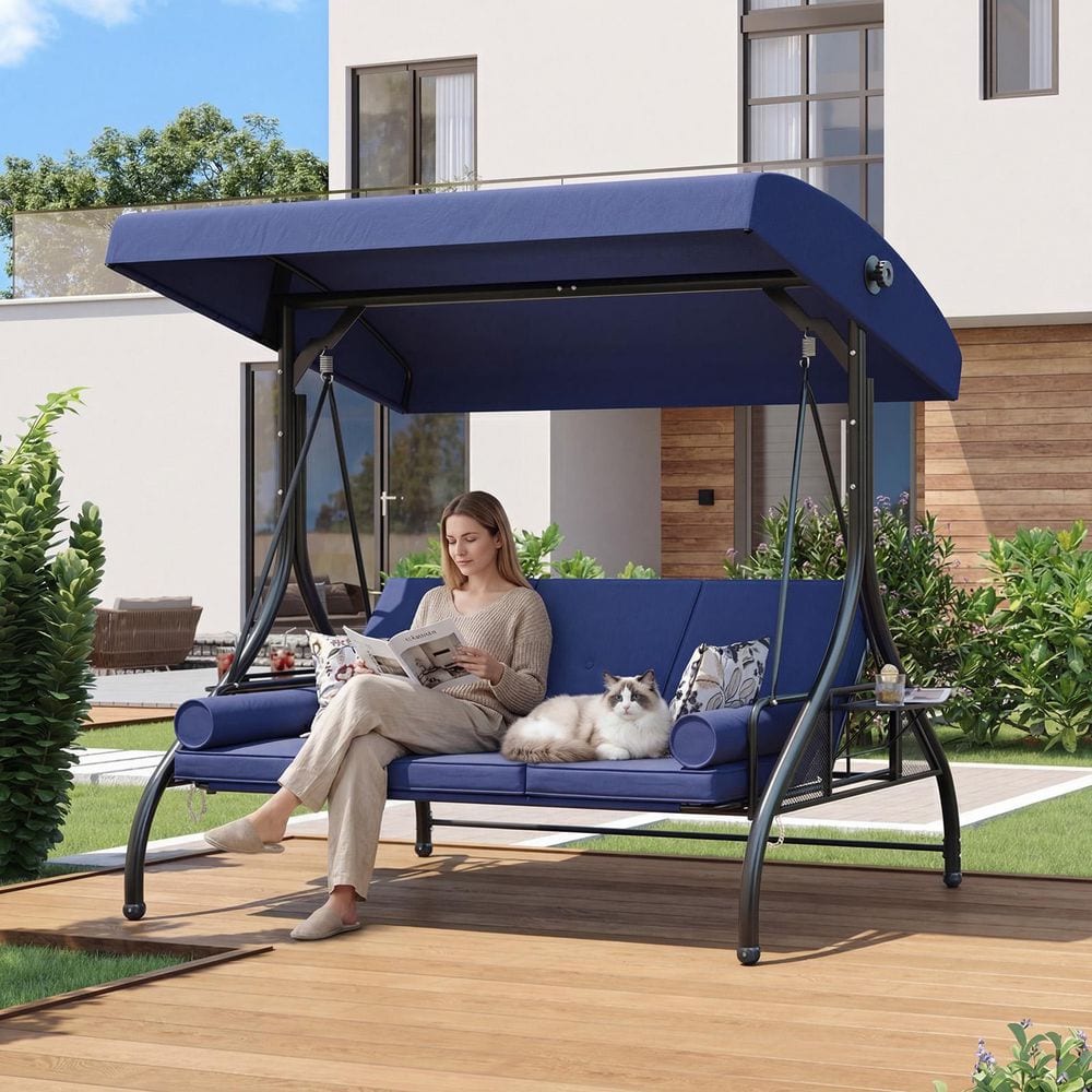 Blue 3-Person Metal Outdoor Patio Swing with Removable Cushion, Convertible Canopy, Pillow, Side Trays price history on PriceWatchPro