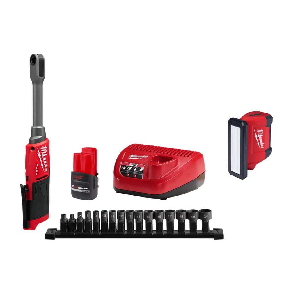 Milwaukee M12 FUEL INSIDER 12V Lithium-Ion Brushless 1/4-3/8 in. Extended Reach Box Cordless Ratchet Kit w/ Battery & ROVER Light