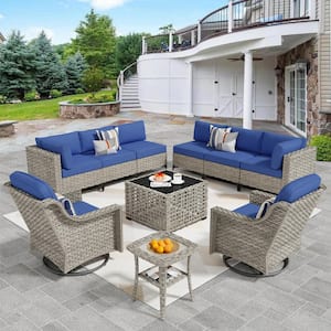 Thor 10-Piece Wicker Patio Conversation Seating Sofa Set with Navy Blue Cushions and Swivel Rocking Chairs