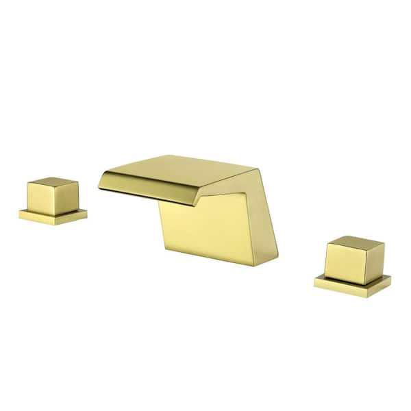 AIMADI 2-Handle Waterfall Deck-Mount Roman Tub Faucet with Modern 3-Hole Brass Bathtub Fillers in Brushed Gold
