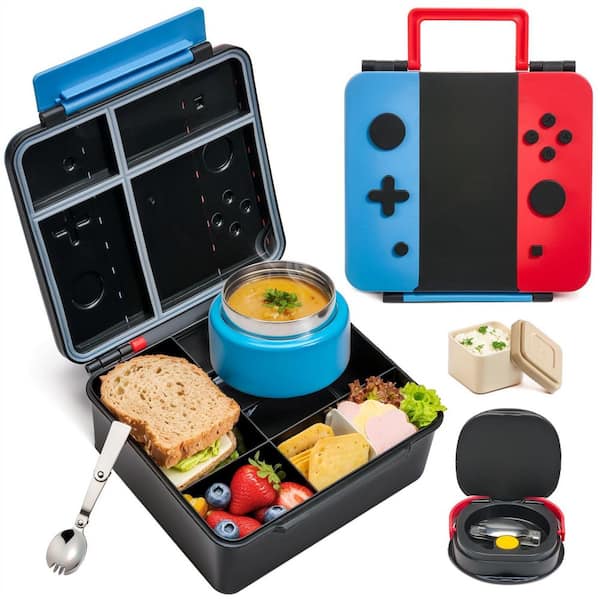 Blue Red Kids Lunch Box with Thermo Food Jar, Folding Spoon, Removable Divider, Sauce Cup for School Travel