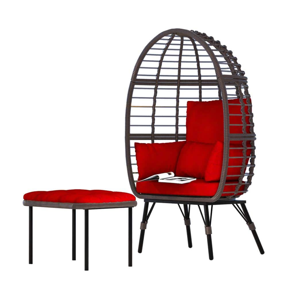 PE Rattan Wicker Steel Frame Patio Swing Egg Chair with Red Seat Cushion an