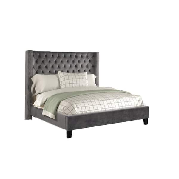 Unbranded Gray Velvet Queen Bed with Slatted Bed
