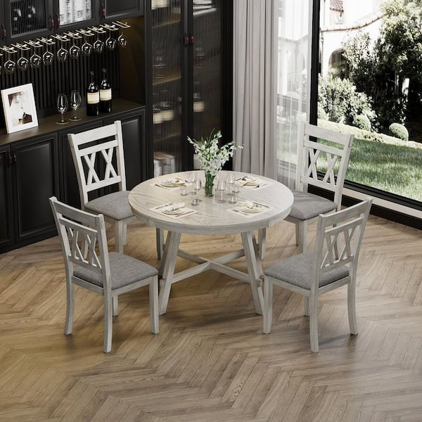 Farmhouse X-Back Dining Chairs, Set of 4 Wood with Gray Fabric Seat Rubberwood Kitchen and Dining Room Chairs