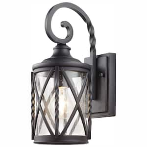 14.5 in. 1-Light Black 14.5 in. Outdoor Wall Lantern Sconce with Seeded Glass