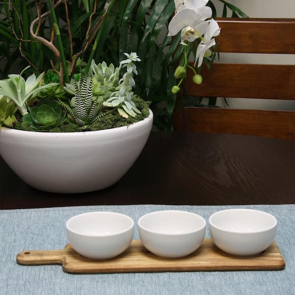 Gracious Dining 8.25 in. 4-Piece White Tidbit Bowl Set with Wood Paddle