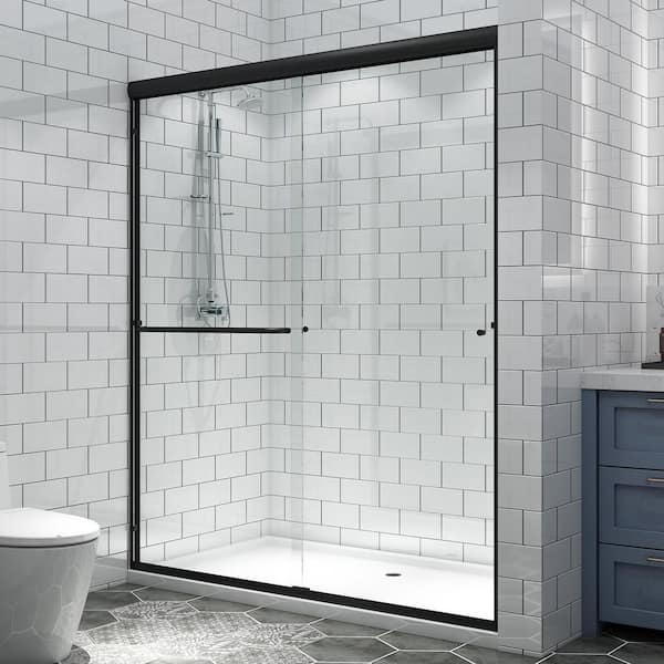UKISHIRO JIE 60 in. W x 70 in. H Sliding Semi-Frameless Shower Door in Black Finish with Toughened Glass