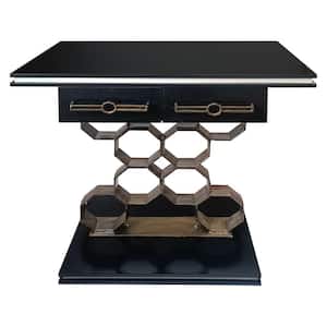 14 in. Antique Brass and Black Rectangle Wood Console Table with 2-Drawers and Honeycomb Base