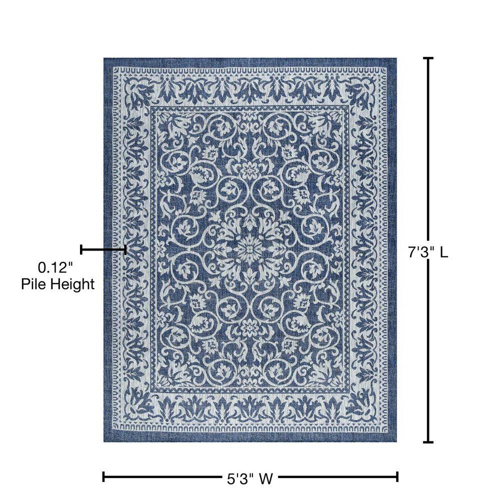 Navy Floral Synthetic 5' x 7' Rectangular Outdoor Rug