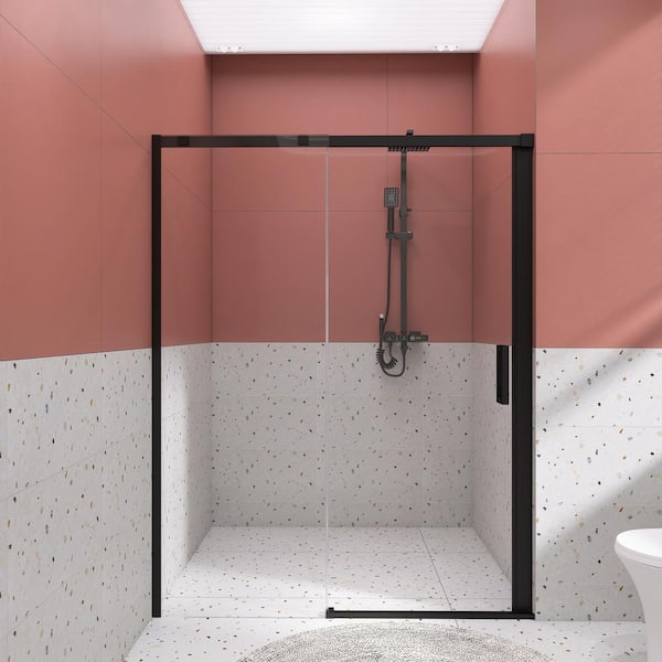 55 in. W x 74 in. H Sliding Framed Shower Door in Matte Black Finish with Clear Finish