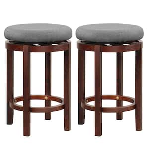 26 in. Gray Upholstered Swivel Round Bar Stools Wooden Pub Kitchen Chairs (Set of 2)