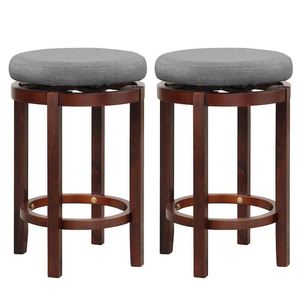 Costway 26 in. Gray Upholstered Swivel Round Bar Stools Wooden Pub Kitchen Chairs (Set of 2)