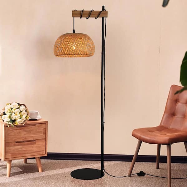Zompoo Modern 60 in. 1-Light Black Wood Metal Standard Floor Lamp for Living Room with Bamboo Shade, Foot Switch