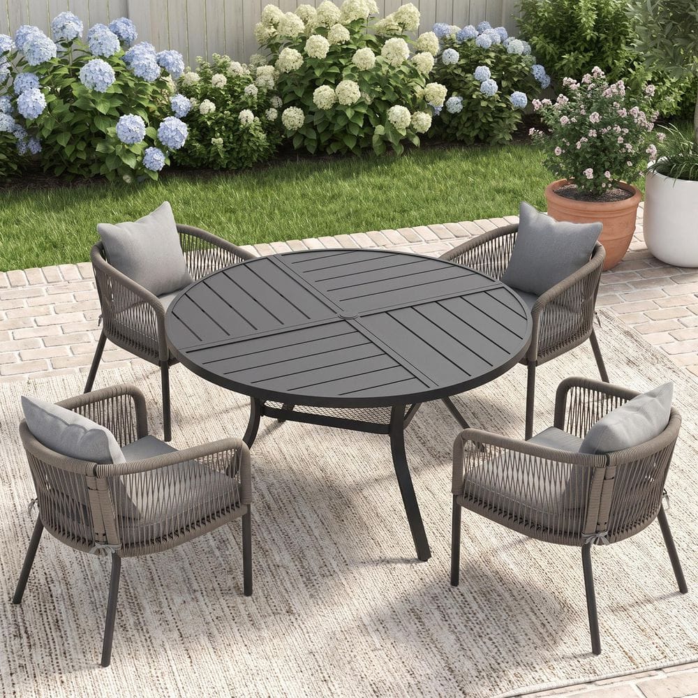 5-Piece 47.2 in. Black Metal Round Outdoor Dining Set with Umbrella Hole, 4 Gray Rattan Rope Chairs with Gray Cushions price history on PriceWatchPro