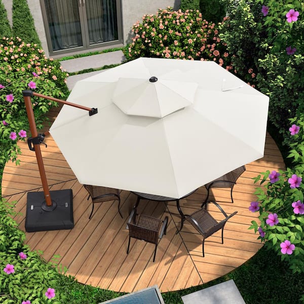 PURPLE LEAF 11 ft. Octagon High-Quality Wood Pattern Aluminum Cantilever Polyester Patio Umbrella with Base, Cream