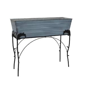 30 in. H Rectangular Nantucket Blue Galvanized Steel Indoor Outdoor Large Flower Box with Black Wrought Iron Flora Stand