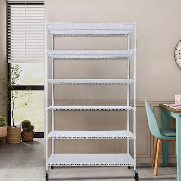 Amucolo 6-Tiers White Heavy Duty Metal Adjustable Garage Storage Shelving Unit with Wheels (48 in. W x 84 in. H x 20 in. D)