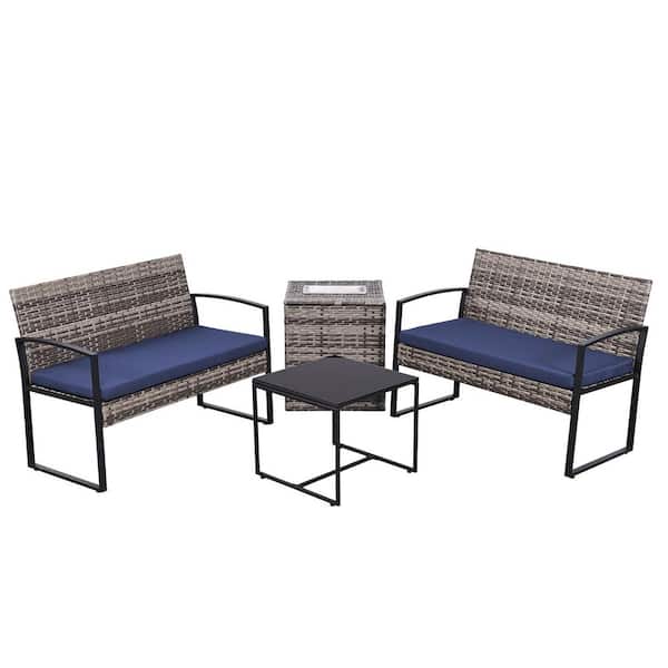 Unbranded 4-Piece Gray Rattan Wicker Outdoor Loveseat with Blue Cushions, Multifunctionl Ice Deck Storage Box