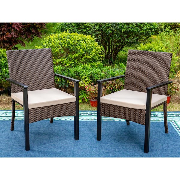 PHI VILLA Black Rattan Metal Patio Outdoor Dining Chair with Beige Cushion (2-Pack)