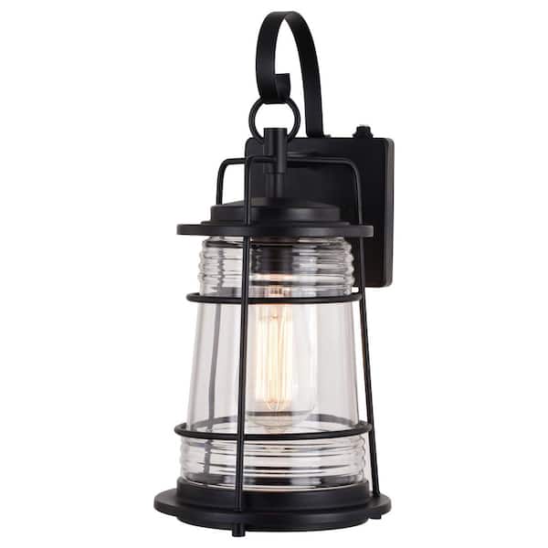 VAXCEL Montauk 1 Light Textured Black Dusk to Dawn Coastal Outdoor Wall Sconce Lantern Clear Glass
