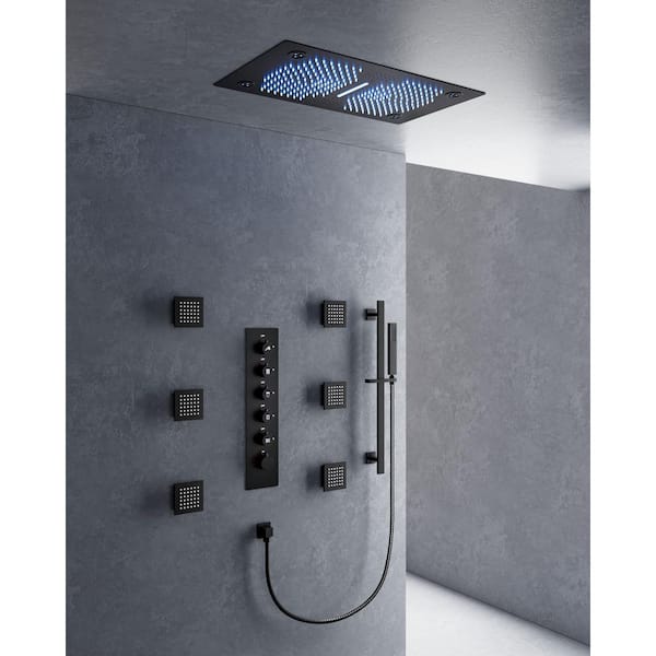 Thermostatic 31-Spray 28 x 16 in. Rectangle LED Mood Lighting Bluetooth Music Shower System with Valve in Matte Black