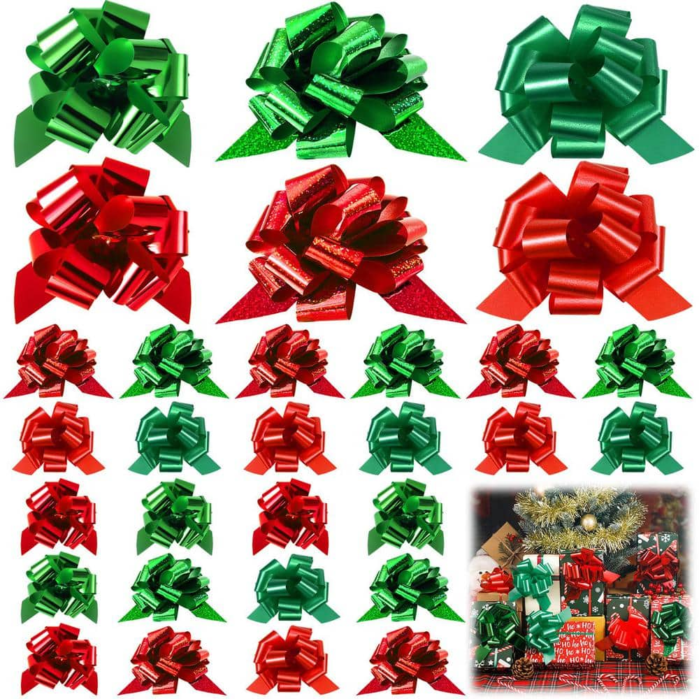 Angel Sar 5 in. 100-Piece Christmas Wrap Pull Bows, Green Red Christmas Wrapping Bows for Holiday Baskets Box Decoration