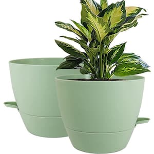 Modern 10 in. L x 10 in. W x 7.3 in. H Green Plastic Round Indoor Planter (2-Pack)