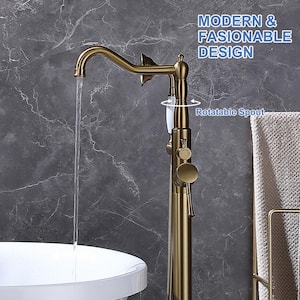 Singe-Handle Freestanding Floor Mount Tub Faucet with Hand Shower in Brushed Gold